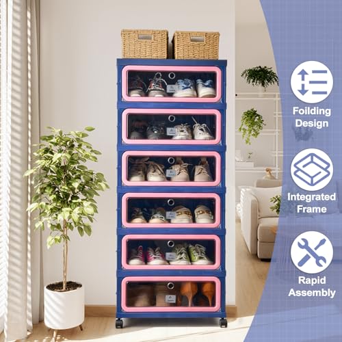 SAYMA Foldable Shoe Rack Organizer, Collapsible Shoe Cabinet with Magnetic Clear Door, Large Plastic Folding Shoe Cabinet, Easy Assembly Shoe Shelves Organizer for Entryway, 6 Tiers-12Pairs - size: 6 Tiers Blue & Pink