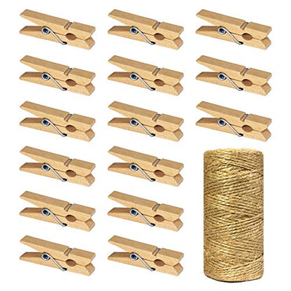 Mini Wooden Clothespins With Jute Twine, 100pcs, 1.4 Inch Photo Paper Peg Pin Craft Clips With 320ft Twine for Scrapbooking, Arts & Crafts, Hanging Photos (Natural Color) - color: Natural