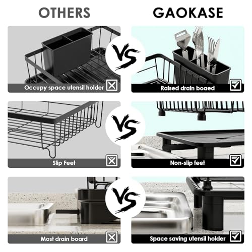 GAOKASE Dish Drying Rack, Stainless Steel-Dish Rack, Dish Racks for Kitchen Counter, Kitchen Dish Drainers with Removable Utensil Holder,New Drain Outlet,Plate Rack and Drainboard,Black - color: Black