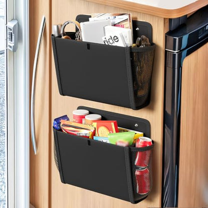 2 Pack Wall Hanging Storage Organizer, Wall Pocket Hanging Bag with Large Pockets & Sticky Adhesive Tape Wall Mounted Storage Door organizer for RV Camper Kitchen Office Black