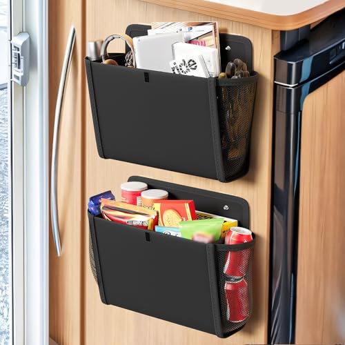 2 Pack Wall Hanging Storage Organizer, Wall Pocket Hanging Bag with Large Pockets & Sticky Adhesive Tape Wall Mounted Storage Door organizer for RV Camper Kitchen Office Black