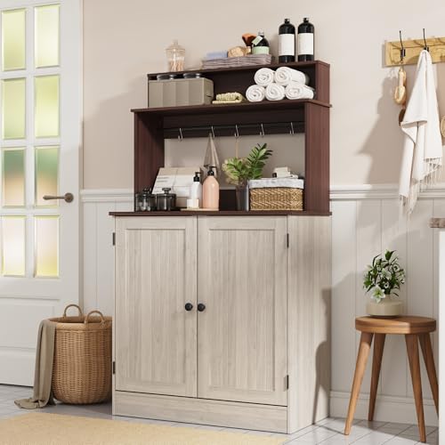 MHOM Farmhouse Bar Cabinet with Storage, Coffee Station Cabinet with 5 Hooks, Small Coffee Bar for Kitchen & Living Room, Antique Oak - color: Oak