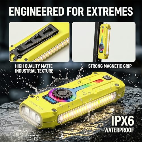 HAUSBELL Flat EDC Flashlight,1800 Lumen UV Magnetic Rechargeable Pocket | Stepless Dimming Dial,Stainless Steel Body,RGB+UV,USB-C Fast Charge,Magnetic Base,Waterproof, for Work,Camping & Emergency - color: Yellow