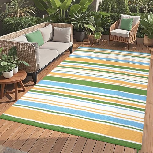 GAOMON 9x12 Large Outdoor Rug Waterproof for Patio Plastic Straw Rug Geometric Stripe Indoor Outdoor Area Rug Modern Lines Outdsid Camping Rugs for Backyard Balcony Trailer, Yellow Blue Green White - color: Geometric Stripes| Yellow Blue Green White, size