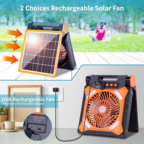 WESTTREE Solar Fan Battery Powered Rechargeable Solar Camping Fan with Led Lantern Power Bank Foldable Angle USB Personal Fans for Travel Outdoor CampingTents camping essentials X98 Orange