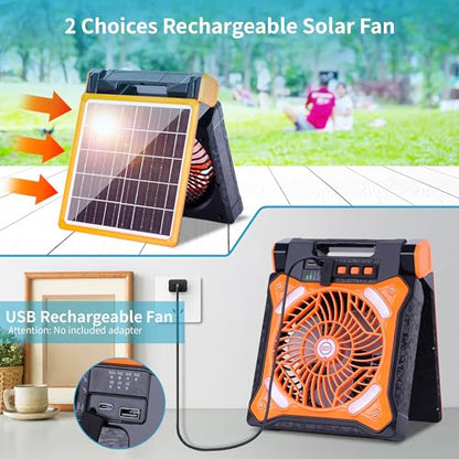 WESTTREE Solar Fan Battery Powered Rechargeable Solar Camping Fan with Led Lantern Power Bank Foldable Angle USB Personal Fans for Travel Outdoor CampingTents camping essentials X98 Orange