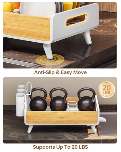 Urackify Dish Drying Rack for Kitchen Counter - Stainless Steel & Bamboo Dish Rack with Large Removable Utensil Holder, Dish Drainer with Adjustable Automatic Spout, White - color: White, size: 1 Tier