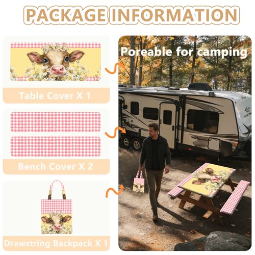 Picnic Table Cover with Bench Covers Elastic Edges, Outdoor Patio Camping Essentials 72 Inch 3PCS, Waterproof Camping Fitted Tablecloth with Handbags (Pink check daisy cow) - color: Pink checkered cow, size: 72" x 30" (Rectangular)
