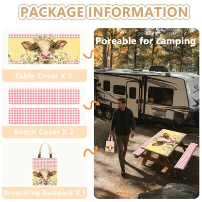 Picnic Table Cover with Bench Covers Elastic Edges, Outdoor Patio Camping Essentials 72 Inch 3PCS, Waterproof Camping Fitted Tablecloth with Handbags (Pink check daisy cow) - color: Pink checkered cow, size: 72" x 30" (Rectangular)