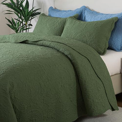 HoneiLife Queen Size Quilt Sets - Embroidered Bedspreads 3-Piece, Reversible Coverlet Lightweight Bedcover Rustic Bedding Set Autumu/Winter Quilts for Queen Bed - color: Olive, size: Queen/Full-90"x96"