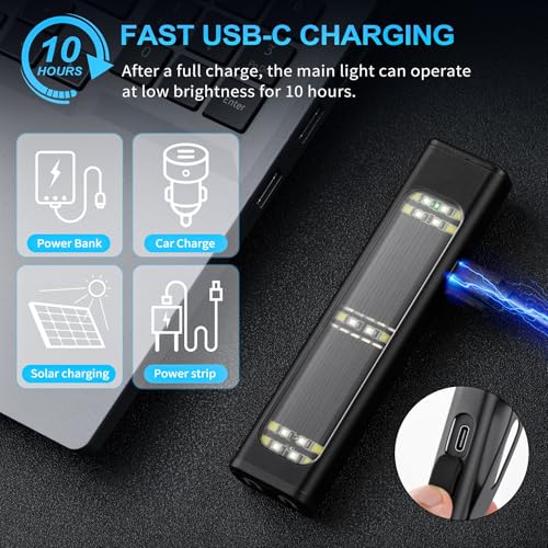 Solar/Rechargeable Flat Flashlights, 900 Lumens EDC Tactical Flashlight, Multi Function LED Small Flashlight, 7 Modes IP65 Waterproof for Home, Camping,and Emergency Use (Black) - color: Black