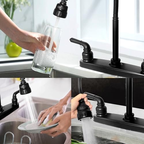 RV Kitchen Faucet,Camper RV Kitchen Sink Faucet Replacement with 2 Handles Flexible Spout 360 Swivel Rotatable Tri-Function Sprayer for Motorhomes,Travel Trailers,8 inch 2 Hole,Non-Metallic,Black - color: Black