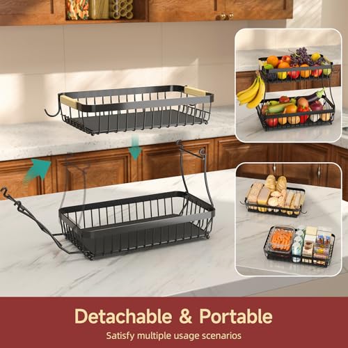 Sevenblue 2 Tier Large Fruit Basket for Kitchen Counter with 2 Mobile Banana Hangers, 2026 Pro Detachable Metal Fruit Bowl with Wooden Handle (Black, 2 Tier Extra Large) - color: Black, size: 2 Tier Extra Large