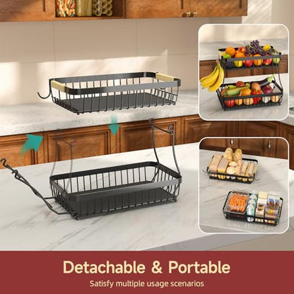 Sevenblue 2 Tier Large Fruit Basket for Kitchen Counter with 2 Mobile Banana Hangers, 2026 Pro Detachable Metal Fruit Bowl with Wooden Handle (Silver, 3 Tier) - color: Silver, size: 3 Tier Standard