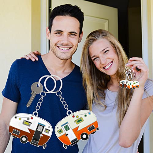 Thinp 2 Pieces Camper Keychain, RV Camper Keyring Accessories for Travel Trailers Enameled Metal Retro Camping Car Keychain - color: Yellow+brown
