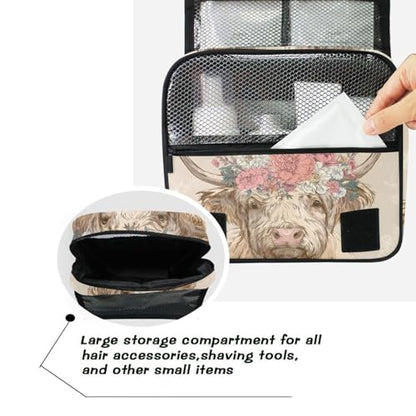 Retro Flower Highland Cow Hanging Toiletry Makeup Bag Travel Organizers Toiletries Cosmetics Bag for Women - color: Flower Highland Cow