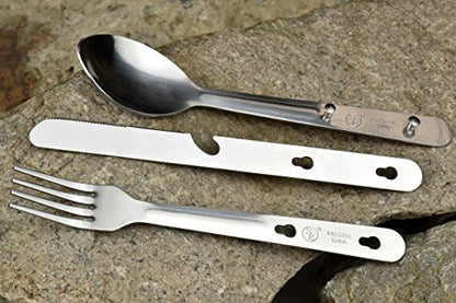 SE 4-in-1 Detachable Stainless Steel Utensil Set - Spoon, Fork, Knife, Bottle Opener - 6.5" Length, Compact for Camping, Hiking, Travel - Includes Clear Pouch - KC7043FSK