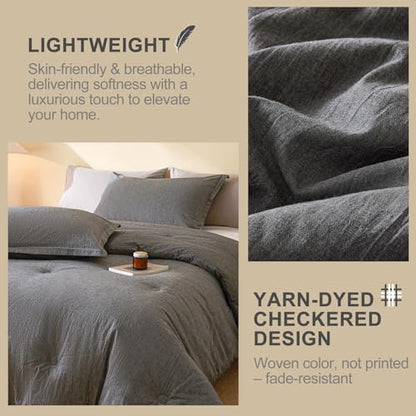 100% Cotton Comforter Set Twin Size – Reversible Yarn-Dyed Design, Soft Washed Cotton on Both Sides, Lightweight All-Season Bedding, Machine Washable(Black Grey, 68”x90”) - color: Black Grey, size: Twin(68"x90")