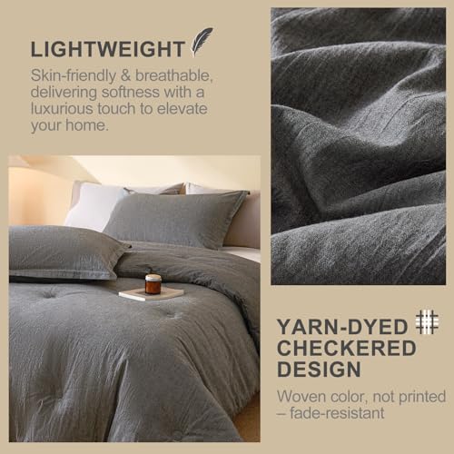 100% Cotton Comforter Set Full Size – Reversible Yarn-Dyed Design, Soft Washed Cotton on Both Sides, Lightweight All-Season Bedding, Machine Washable(Black Grey, 80”x90”) - color: Black Grey, size: Full(80"x90")