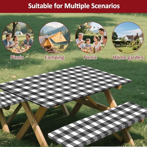 8ft Picnic Table and Bench Cover, Camping Essentials RV Gear, 96 in Waterproof Windproof Outdoor Elastic All Around Tablecloth, Fitted Rectangle Tables and Seats, Black-White Checkered - color: Black-white Checkered, size: 96"