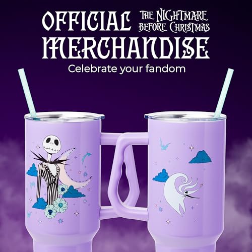 Silver Buffalo Disney Nightmare Before Christmas by Tim Burton Jack Skellington Double Walled Stainless Steel Tumbler with Handle and Straw, Fits in Standard Cup Holder, 40 Ounces - color: Nightmare Before Christmas Purple Twilight