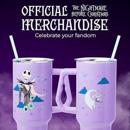 Silver Buffalo Disney Nightmare Before Christmas by Tim Burton Jack Skellington Double Walled Stainless Steel Tumbler with Handle and Straw, Fits in Standard Cup Holder, 40 Ounces - color: Nightmare Before Christmas Purple Twilight