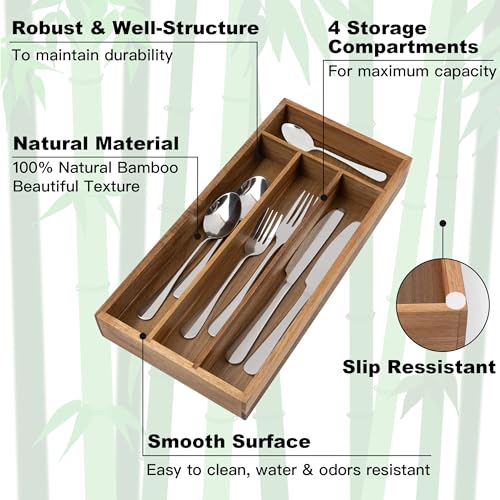 Acacia 4 Slot Silverware Drawer Organizer - Cutlery Holder with Flatware Tray - color: Acacia, size: 4 Slots