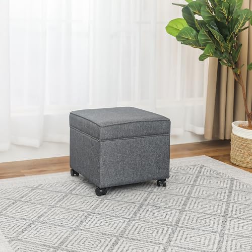 17" Square Storage Ottoman with Wheels, Upholstered Linen Movable Cube Footrest & Extra Seat with Flip Top for Living Room, Bedroom, Dark Grey - color: Dark Grey With Wheels