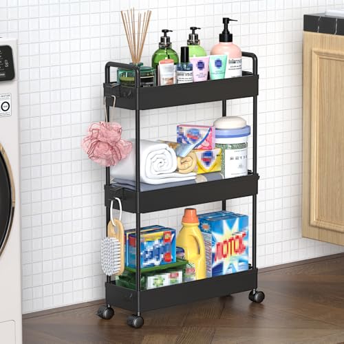 SOLEJAZZ Slim Rolling Storage Cart with Wheels 3 Tier Skinny Bathroom Storage Organizer Thin Laundry Room Utility Cart Space-Saving for Bedside Kitchen Office Small Narrow Places, Black - color: Black, size: 3-Tier, 4.76"D