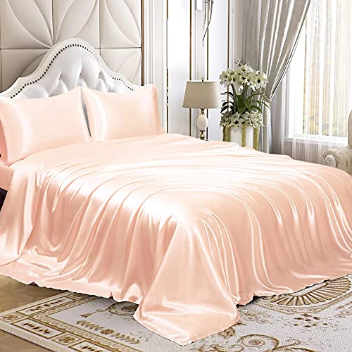 Homiest 3pcs Satin Sheets Set Luxury Silky Satin Bedding Set with Deep Pocket, 1 Fitted Sheet + 1 Flat Sheet + 1 Pillowcases (Twin Size, Champagne) - color: Champagne, size: Deep pocket - Twin size