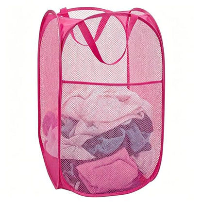 Larpur Popup Laundry Basket, Collapsible Portable Mesh Clothes Washing Laundry Hamper with Reinforced Carry Handles (Pink) - color: Pink