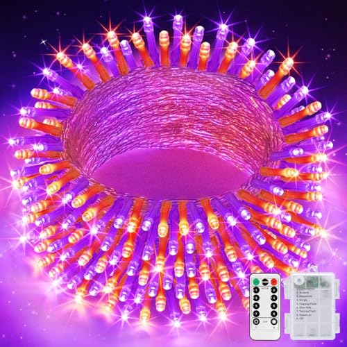 JMEXSUSS 33FT 100 LED Orange and Purple Halloween Lights, Battery Operated Halloween Lights with Remote, 8 Modes String Lights Indoor Outdoor for Room House Porch Tree Yard - color: Orange&Purple, size: 1*100LED