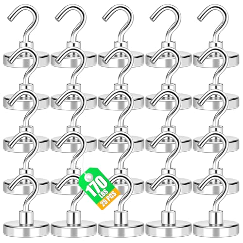 MIKEDE Magnetic Hooks 170Lbs Heavy Duty Earth Magnets with Hooks for Cruise Cabin Strong Magnet Hooks for Hanging Super Metal Magnetic Hanger for Grill Fridge Kitchen - Pack of 25 - color: Silver, size: 1.41×1.57 in