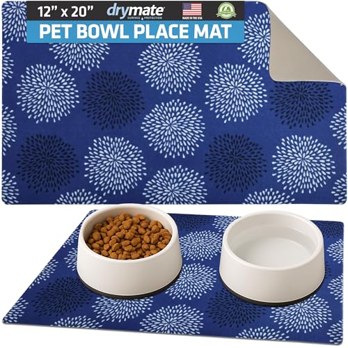Drymate Pet Bowl Placemat, Dog & Cat Food Feeding Mats, 12x20, Good Blue | Absorbent Fabric, Waterproof Backing, Slip-Resistant, Machine Washable, Contains Spills & Mess, Protects Floors, USA Made - color: Good Medicine Blue 8, size: 20"L x 12"W