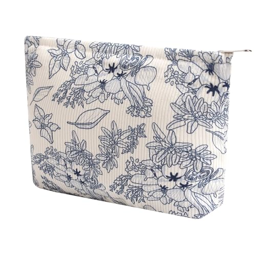 Cosmetic Bags for Women - Corduroy Cosmetic Bag Aesthetic Women Handbags Purses Smile Dots Makeup Organizer Storage Makeup Bag Girls Case Bags (Flowers-Navy blue) - color: Flowers-Navy blue