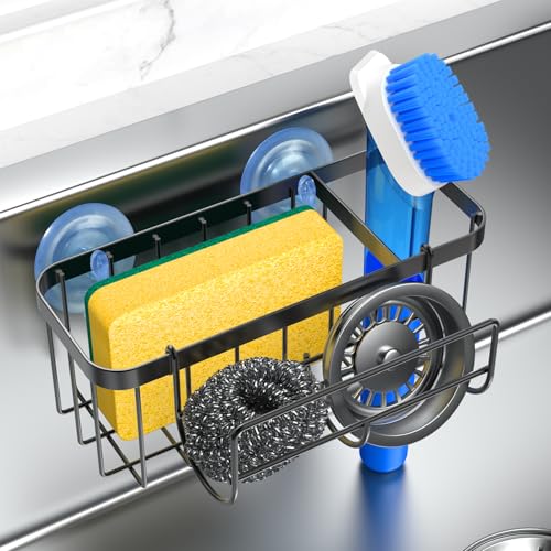 3-in-1 Kitchen Sink Caddy Organizer with Sponge Holder, Brush Holder, Extra Rack for Scrubber, Sink Stopper, Dish Cloth Hanger - Strong Dual Suction Cup, 2.0mm SUS304 Stainless Steel - Black - color: Black