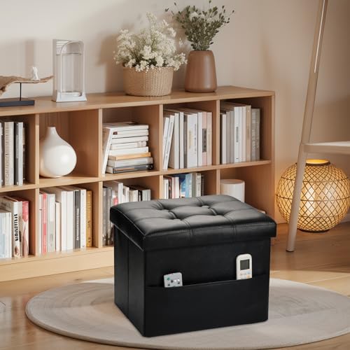 Bsketa Storage Ottoman Foot Rest Stool, Small Leather Storage Ottomans Bench, Folding Footstool with Side Pockets, Foot Rest Under Desk for Living Room Bedroom, 17x13x13 in, Black - color: Black-with Side Pockets.