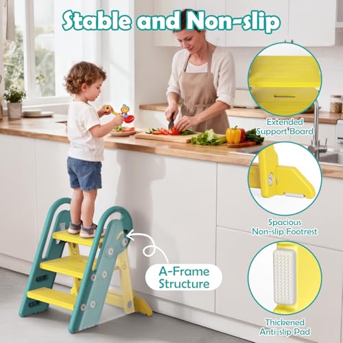 Onasti Folding Step Stool with Adjustable Height, 3-Step Converts to 2-Step, Sturdy Anti Slip Bathroom Step Stool for Toilet, Bathroom Sink, Kitchen Counter, Space Saving Design for Home Use- Green - color: Green Yellow