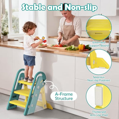 Onasti Folding Step Stool with Adjustable Height, 3-Step Converts to 2-Step, Sturdy Anti Slip Bathroom Step Stool for Toilet, Bathroom Sink, Kitchen Counter, Space Saving Design for Home Use- Green - color: Green Yellow