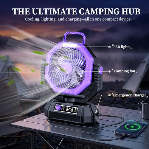 AJVV Camping Fan with Light, Remote and Oscillation, Battery Powered Hanging Tent Fan, Rechargeable Portable for Camp, Outdoor, Emergencies, Fishing, RV Travel, Jobsite - color: Purple