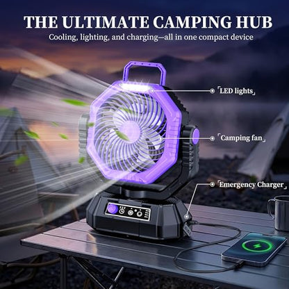 AJVV Camping Fan with Light, Remote and Oscillation, Battery Powered Hanging Tent Fan, Rechargeable Portable for Camp, Outdoor, Emergencies, Fishing, RV Travel, Jobsite - color: Purple