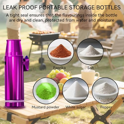 Portable 5-Pack Metal Spice Containers - Leakproof Camping Spice Kit for BBQ, Hiking, Backpacking | Food-Grade Bottles & Compact Travel Storage