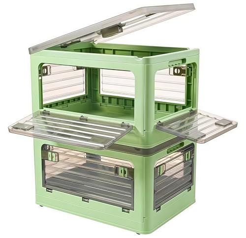 32Qt Plastic Storage Bins with Lid, Collapsible Storage Bins with Wheels, Storage Boxes with 4 Doors, Stackable Storage Bins for Organizing Clothes, Snacks and Camping, 2-Pack (Green) - color: Green,Transparent