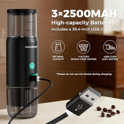 HAUSHOF Portable Electric Espresso Machine, 20 Bar Fast Heat-Up Travel Coffee Maker, USB-C Rechargeable Compatible with Ground Coffee & NS Capsules, for Car, Camping, RV, Hiking & Office