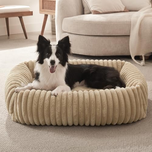 FURTIME Dog Bed Medium Size Dog, Washable Orthopedic Pet Bed with Removable Cover, Rectangle Soft Calming Sleeping Puppy Bed Durable Pet Cuddler with Anti-Slip Bottom, Beige, M Plus (30"x24"x8") - color: Beige, size: M Plus (30"x24"x8")