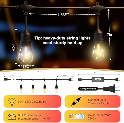 100FT LED Outdoor String Lights with 60+4 Waterproof Bulbs(1.5FT Bulbs Spacing), Remote & Dimmer, Commercial Grade Patio Lights with 3 Mode Light & Timing, 100PC Ties - style: 100FT With 64 Bulbs