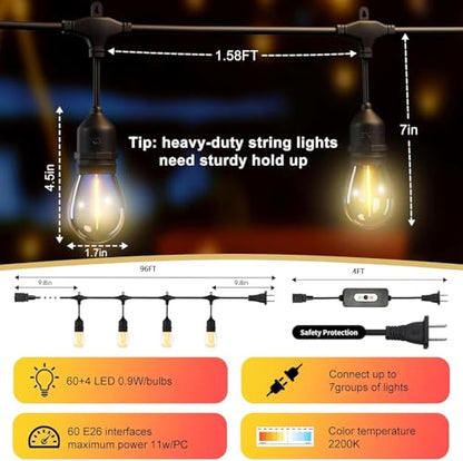 100FT LED Outdoor String Lights with 60+4 Waterproof Bulbs(1.5FT Bulbs Spacing), Remote & Dimmer, Commercial Grade Patio Lights with 3 Mode Light & Timing, 100PC Ties - style: 100FT With 64 Bulbs