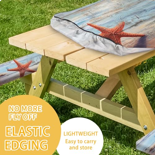 Park Picnic Table Cover with Bench Covers Lightweight Camping Essentials, Oil-Proof Waterproof 3PCS Tablecloth with Elastic, Fitted for Table 6FT Rectangle and Seats, Board Beach (72x30in) - color: Board Beach