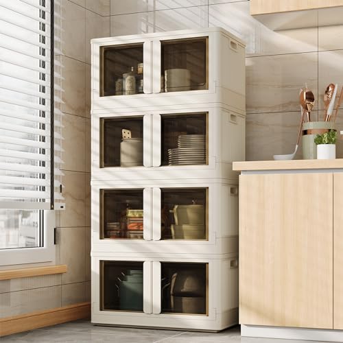 FLEXIMOUNTS 304 QT Stackable Storage Bins With Lids, Collapsible Plastic Storage Bins and Containers with Doors For Home and Built-in Wheels, 4 Pack Cubes, Milky White - color: Milky White, size: 76 Qt-4 Pack