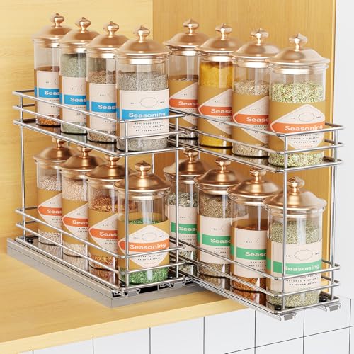 Mystozer Pull Out Spice Rack Organizer for Cabinet, Slide Out Spice Racks, Easy to Install, 7.08" Wx10.43 Dx8.26 H, 2 Drawers 2 Tiers(Silver) - color: Silver, size: 7.1" - 2 Drawers (3.3" each drawer)